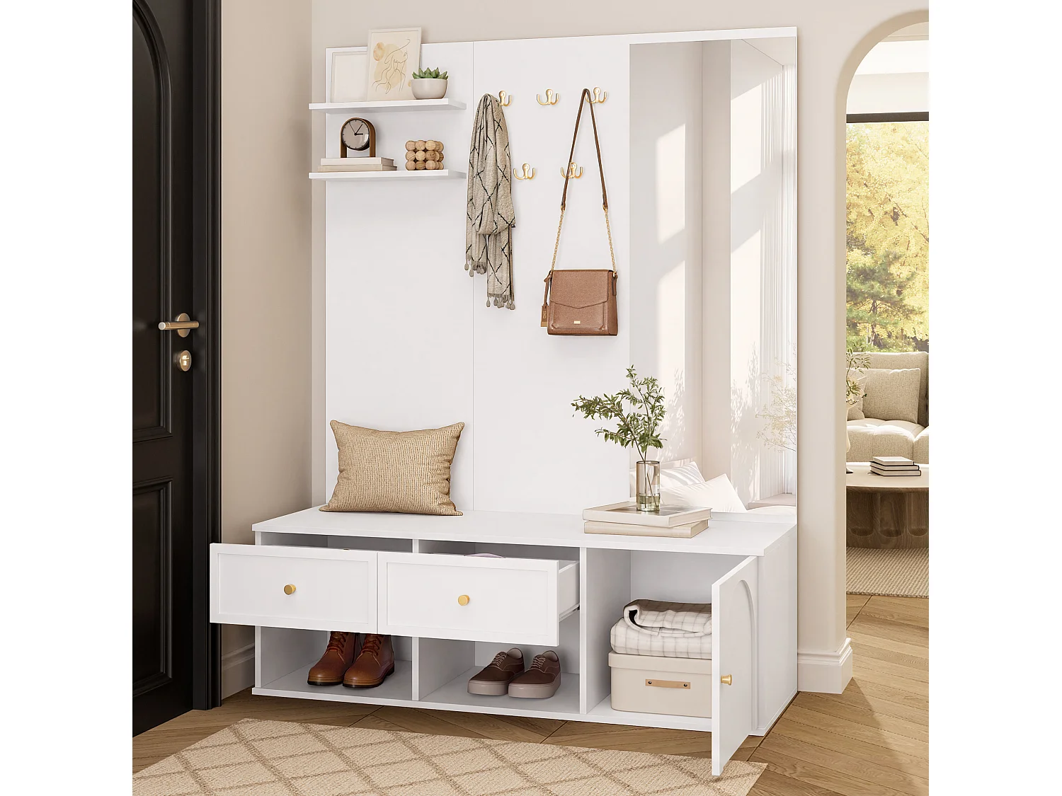 Conjunto de vestíbulo de entrada 120x35x159cm - com espelho e banco para sapatos - prateleira flutuante e 5 ganchos - Branco