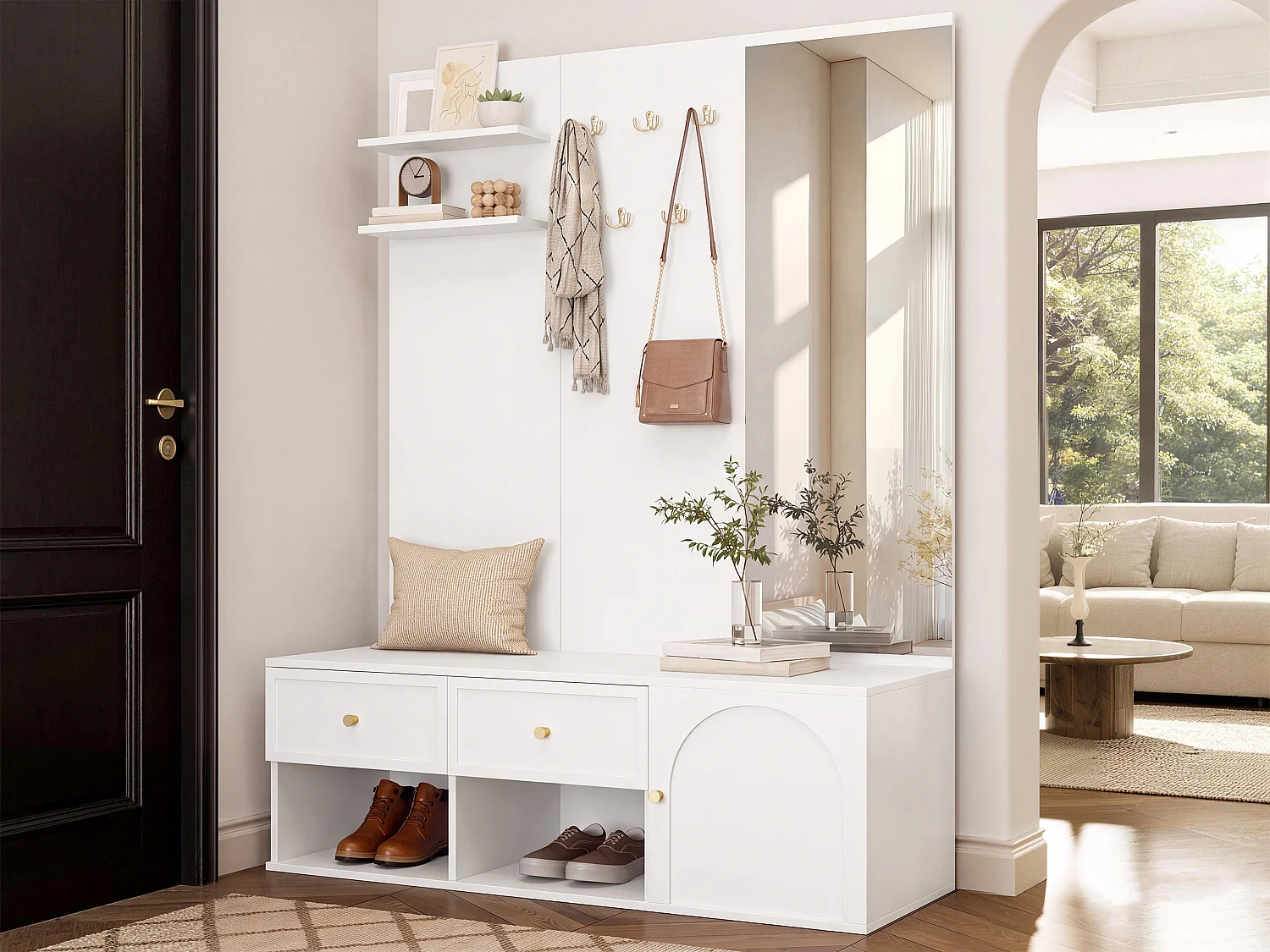 Conjunto de vestíbulo de entrada 120x35x159cm - com espelho e banco para sapatos - prateleira flutuante e 5 ganchos - Branco
