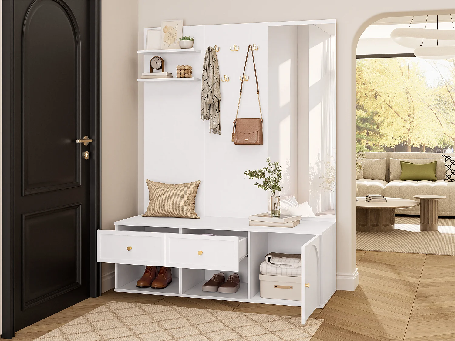Conjunto de vestíbulo de entrada 120x35x159cm - com espelho e banco para sapatos - prateleira flutuante e 5 ganchos - Branco