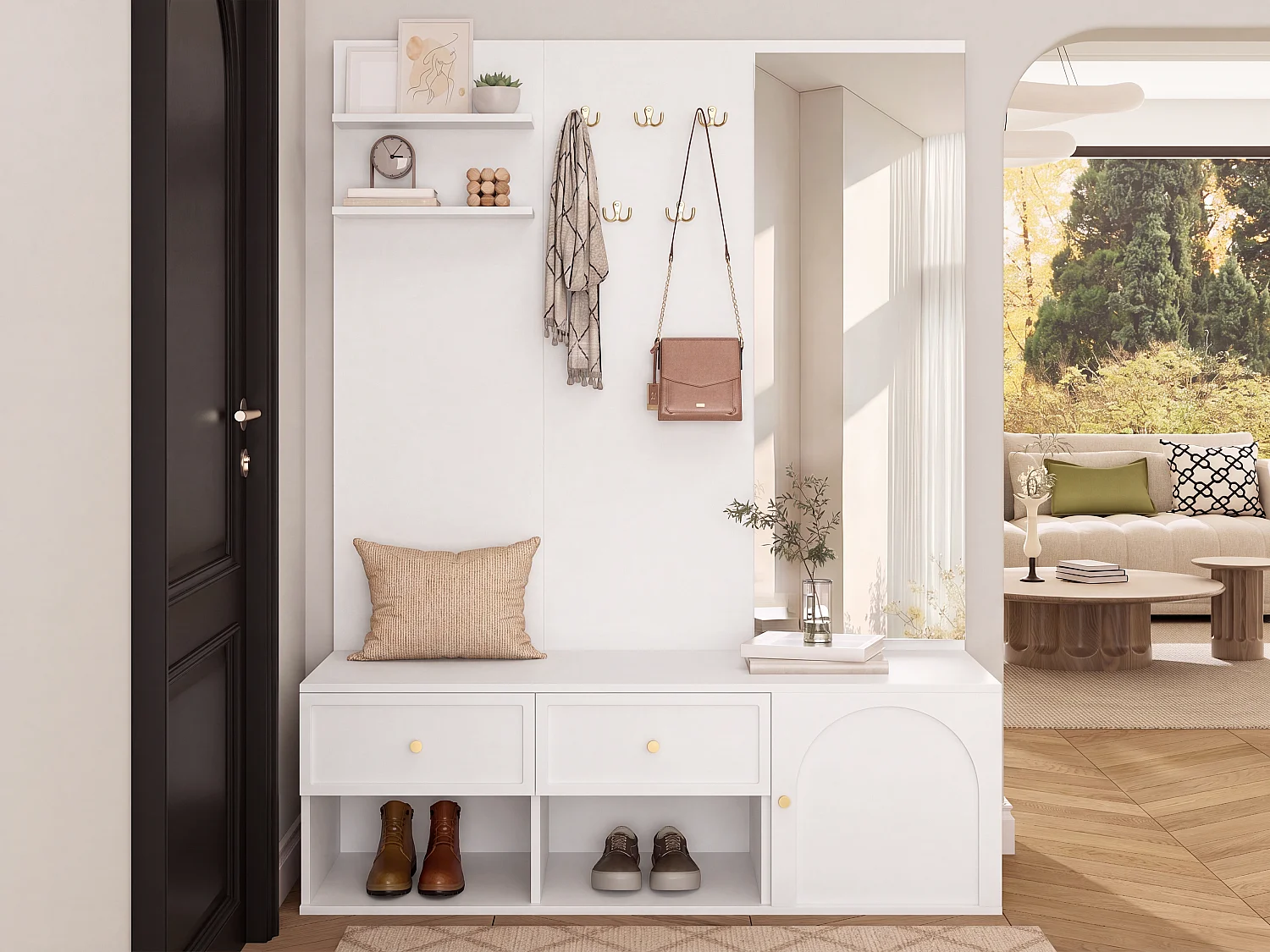 Conjunto de vestíbulo de entrada 120x35x159cm - com espelho e banco para sapatos - prateleira flutuante e 5 ganchos - Branco