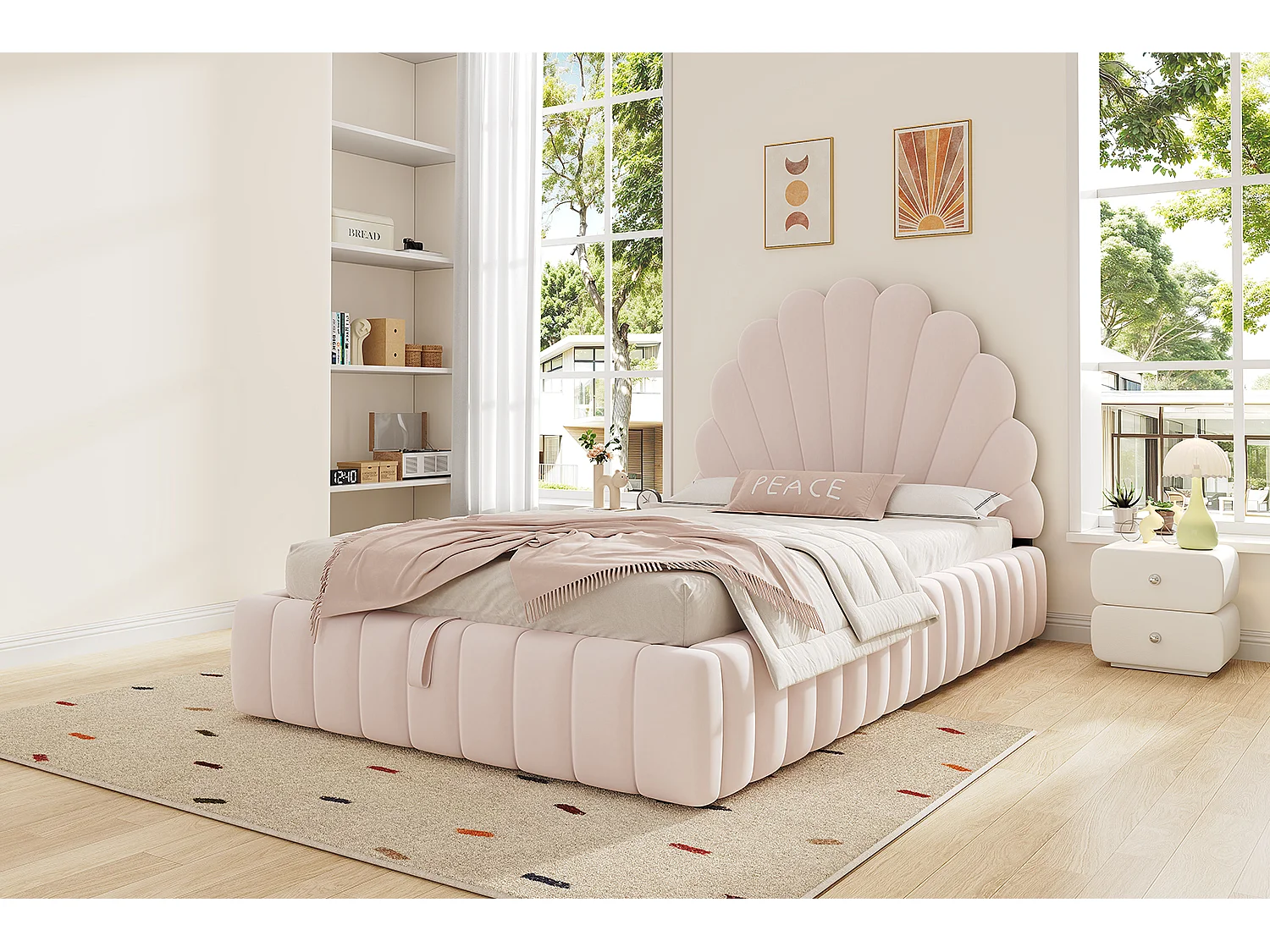 Lit enfant coffre rembourré 90 x 200 cm - Tête de lit capitonnée en forme de pétale - Sommier à lattes - Velours - Rose (sans matelas)