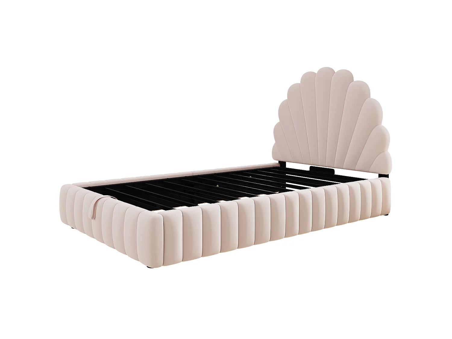 Lit enfant coffre rembourré 90 x 200 cm - Tête de lit capitonnée en forme de pétale - Sommier à lattes - Velours - Rose (sans matelas)