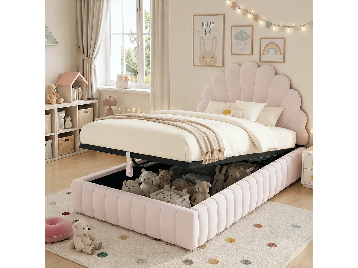 Lit enfant coffre rembourré 90 x 200 cm - Tête de lit capitonnée en forme de pétale - Sommier à lattes - Velours - Rose (sans matelas)