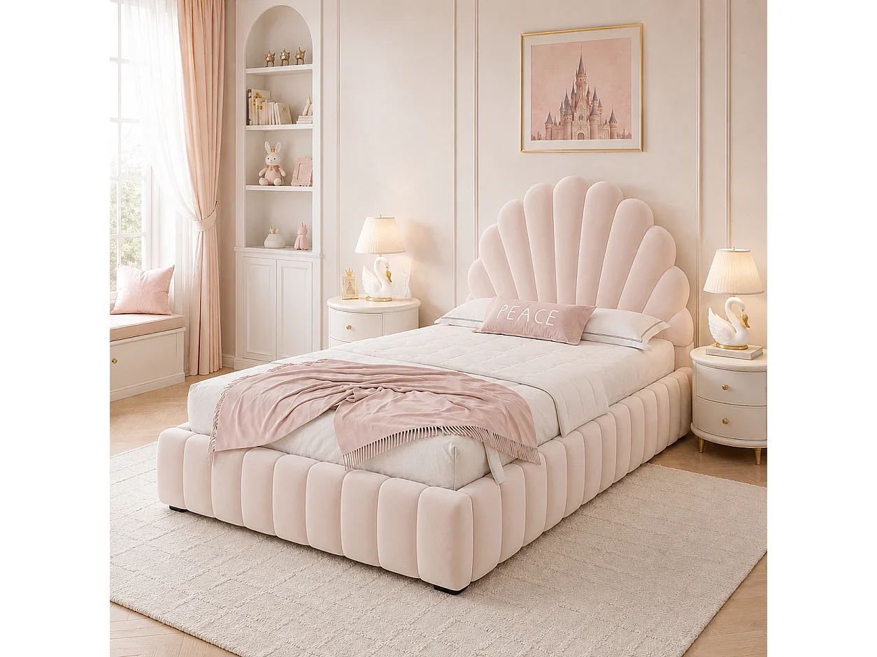 Lit enfant coffre rembourré 90 x 200 cm - Tête de lit capitonnée en forme de pétale - Sommier à lattes - Velours - Rose (sans matelas)