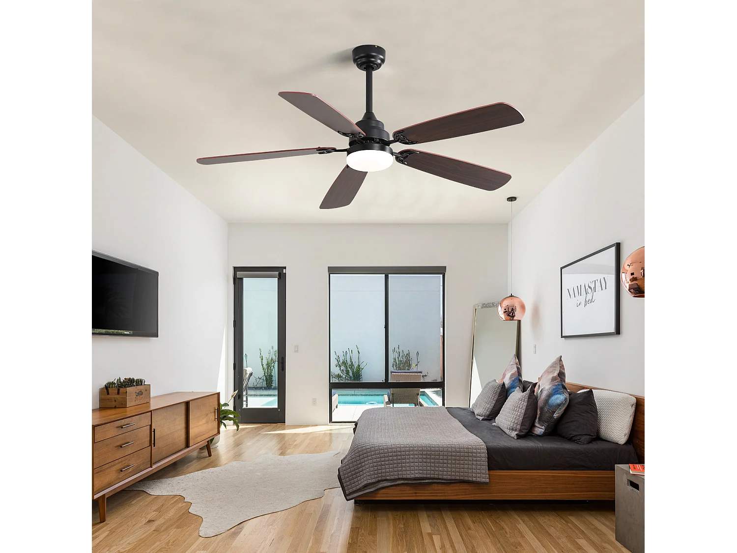Ventilateur de Plafond Classique 132cm, 52" - 5 Pales MDF, Moteur DC Ultra-Silencieux, Éclairage LED Dimmable, Télécommande, Réversible - Blanc