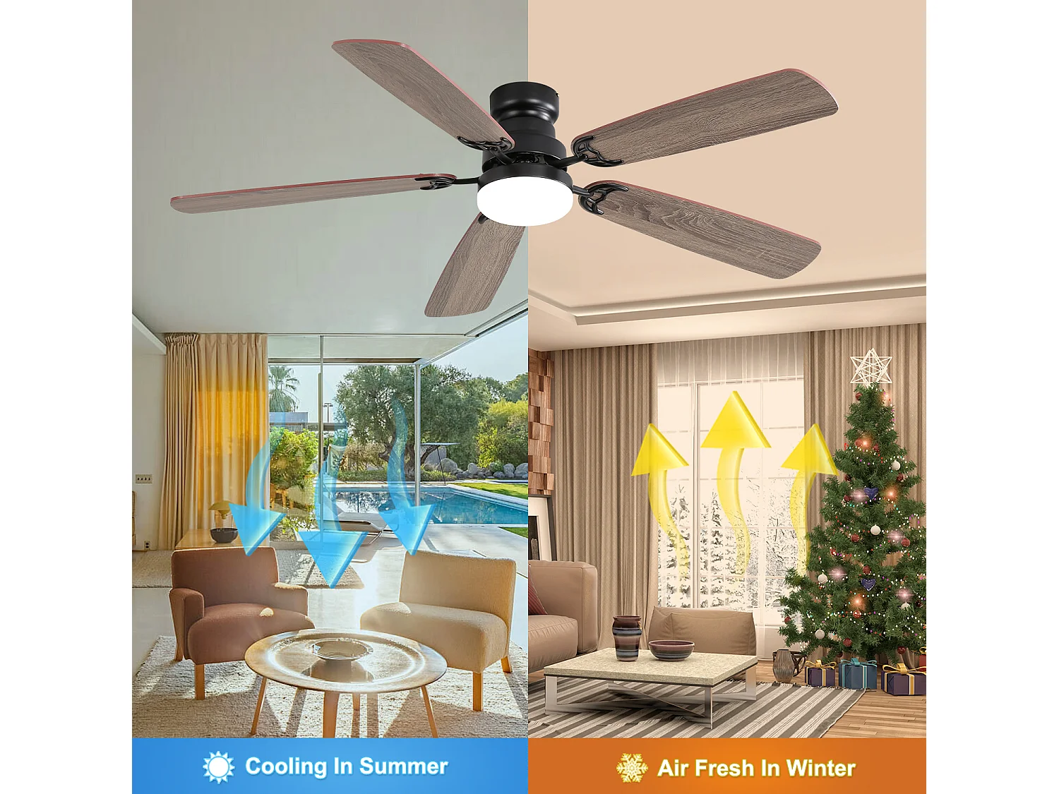 Ventilateur de Plafond Classique 132cm, 52" - 5 Pales MDF, Moteur DC Ultra-Silencieux, Éclairage LED Dimmable, Télécommande, Réversible - Blanc