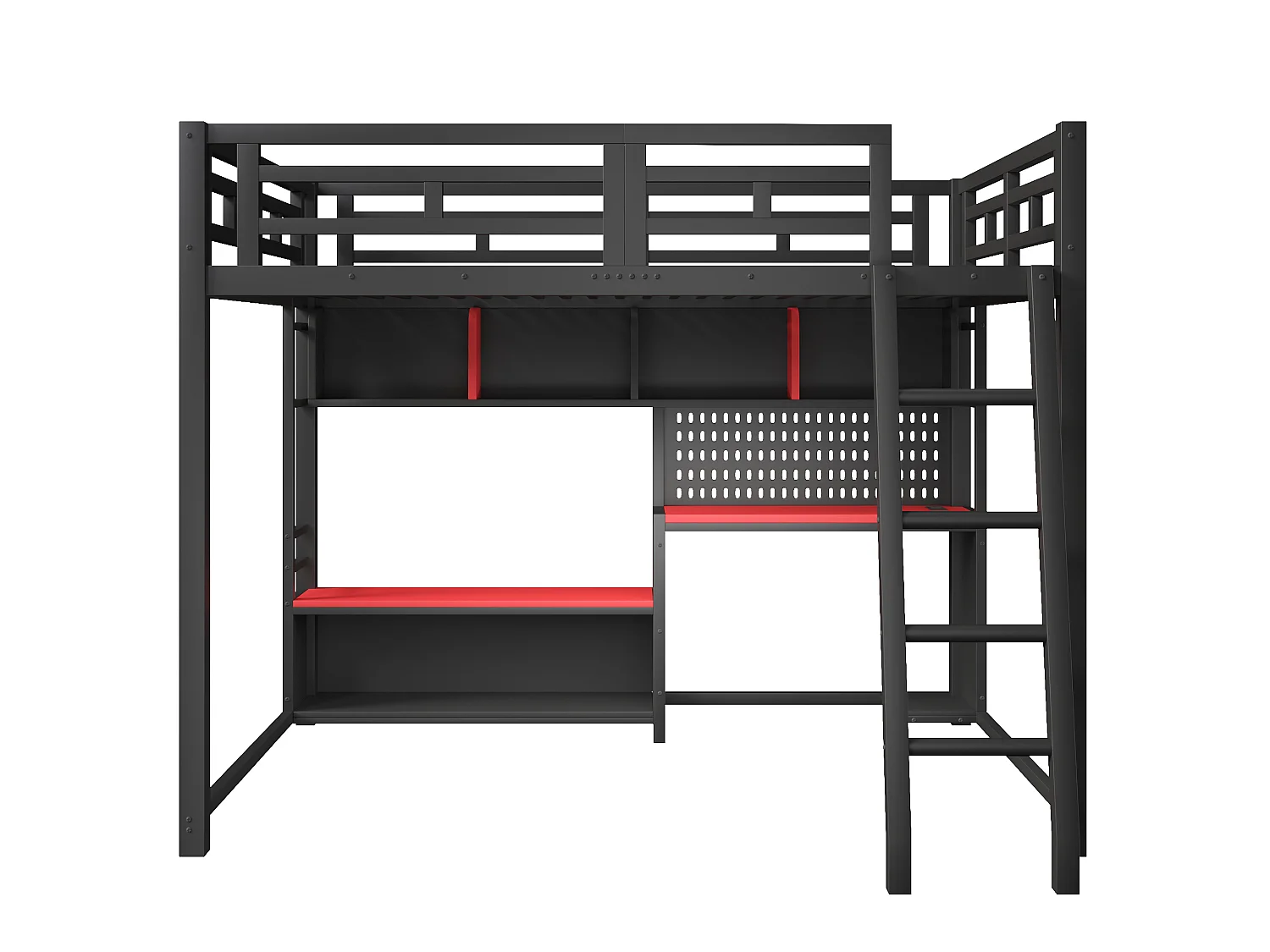Lit mezzanine en métal 140x200 cm - avec bureau intégré - éclairage LED et étagères de rangement - Noir (Matelas non inclus)