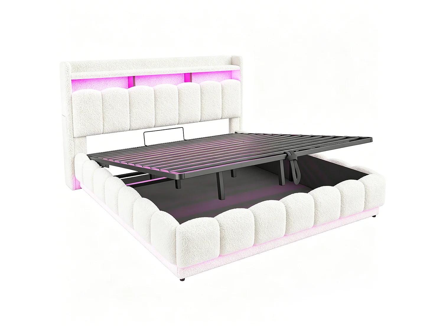Säng med stoppad gavel 180x200 cm - med LED-ljus - med USB-port - Vit (madrass ingår ej)