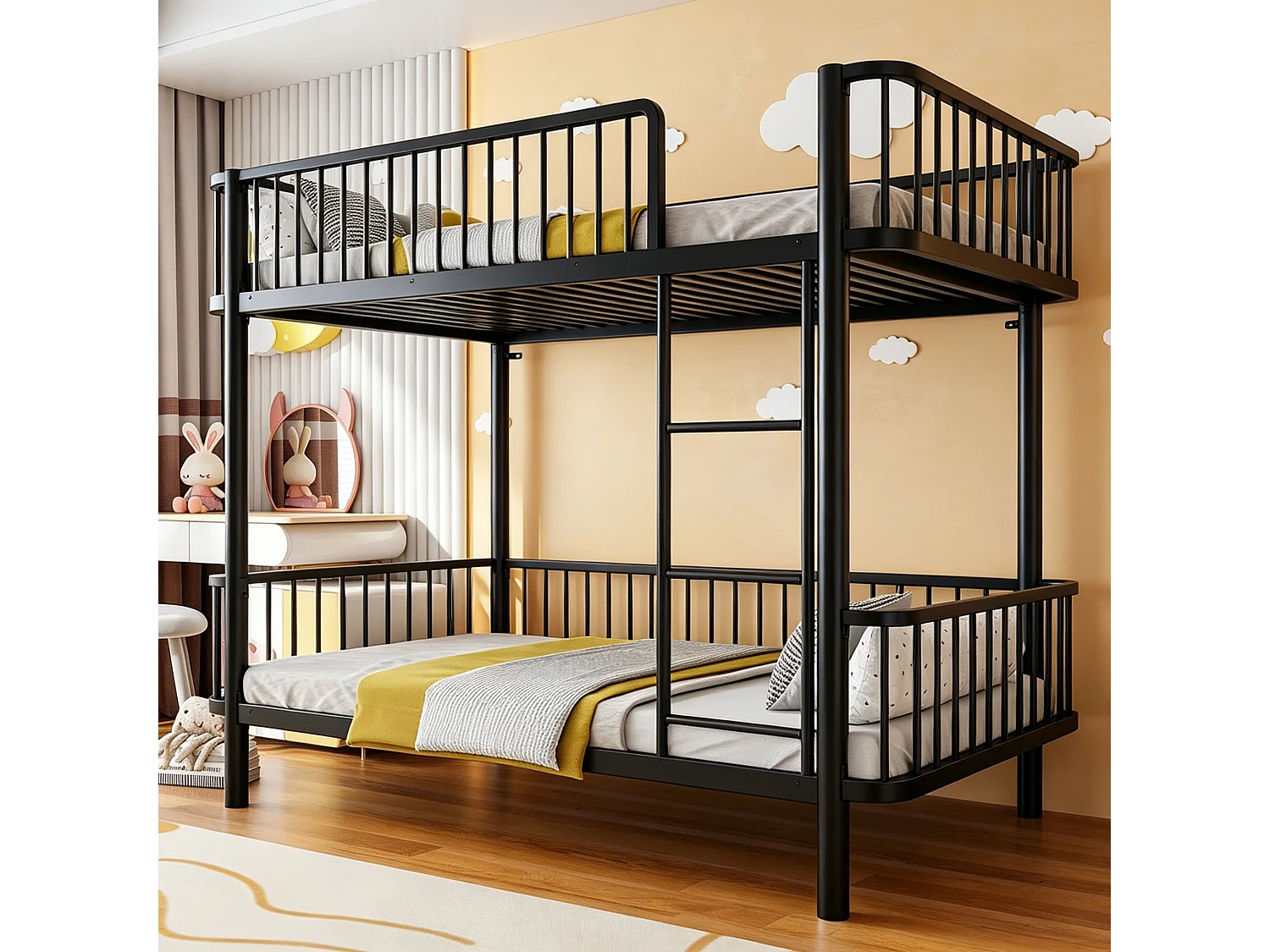Lit superposé en métal pour enfant 90x200cm - Coins arrondis - Pieds allongés - Avec barrières de sécurité - noir (Matelas non inclus)