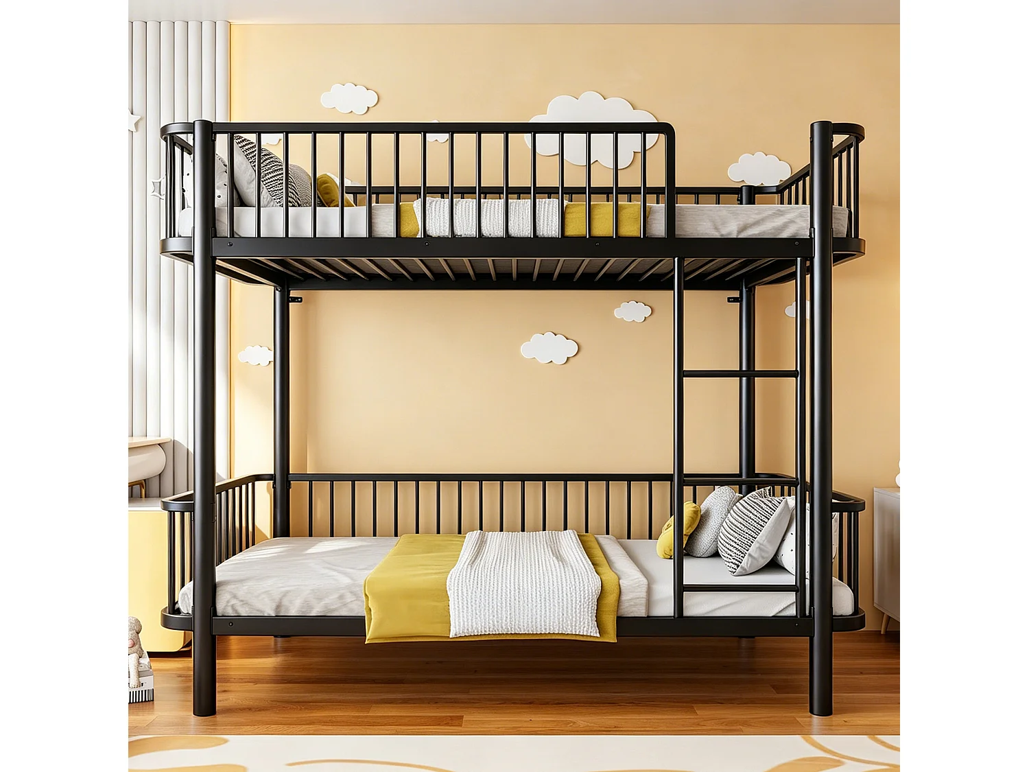 Lit superposé en métal pour enfant 90x200cm - Coins arrondis - Pieds allongés - Avec barrières de sécurité - noir (Matelas non inclus)