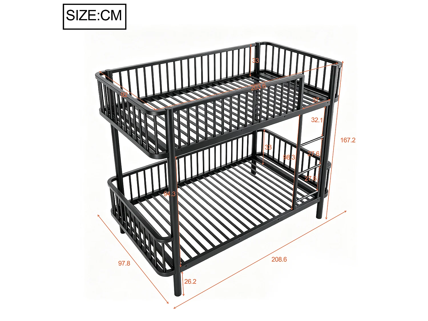 Lit superposé en métal pour enfant 90x200cm - Coins arrondis - Pieds allongés - Avec barrières de sécurité - noir (Matelas non inclus)