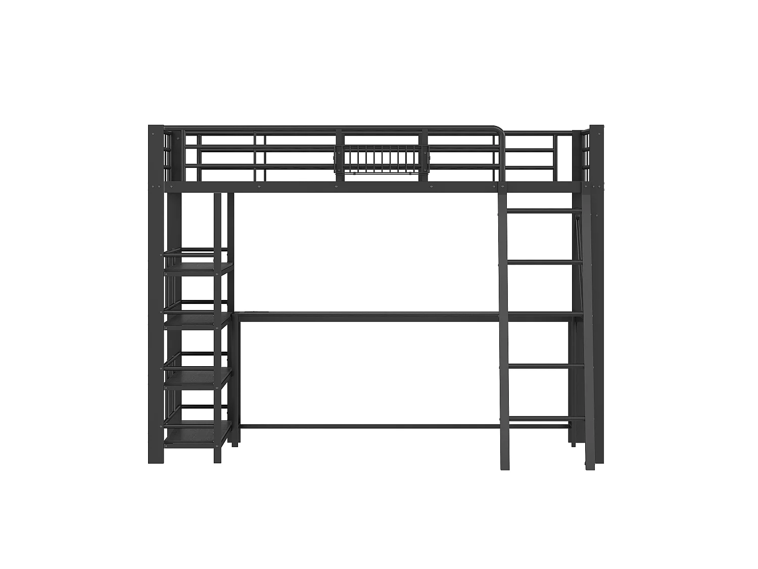Lit mezzanine en métal 140x200 cm - Avec bureau, panier de rangement et étagère - Port USB et éclairage LED - Noir (sans matelas)