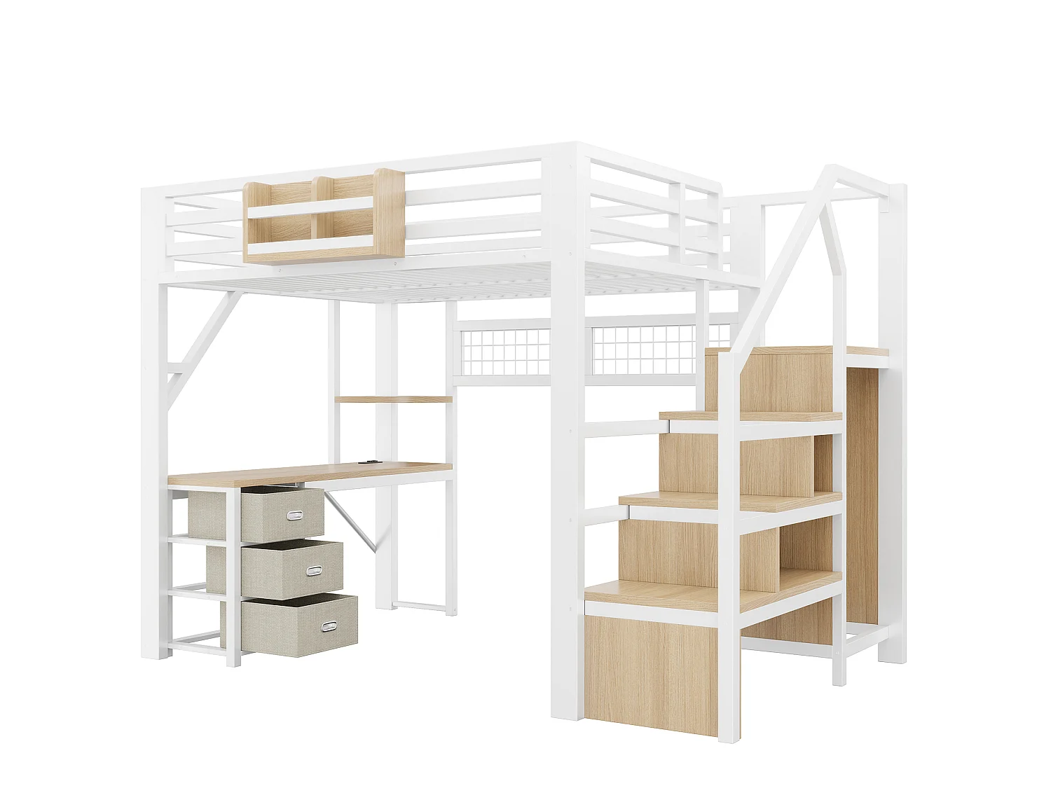 Lit mezzanine en métal 140x200 cm - avec bureau et armoire - 3 tiroirs et rangements - avec LED - Blanc (sans matelas )