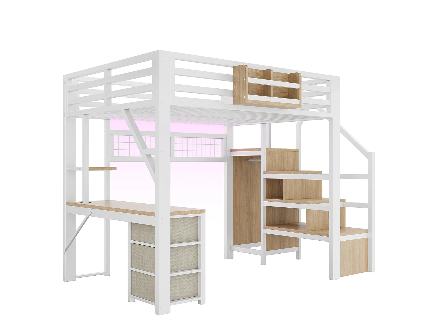 Lit mezzanine en métal 140x200 cm - avec bureau et armoire - 3 tiroirs et rangements - avec LED - Blanc (sans matelas )