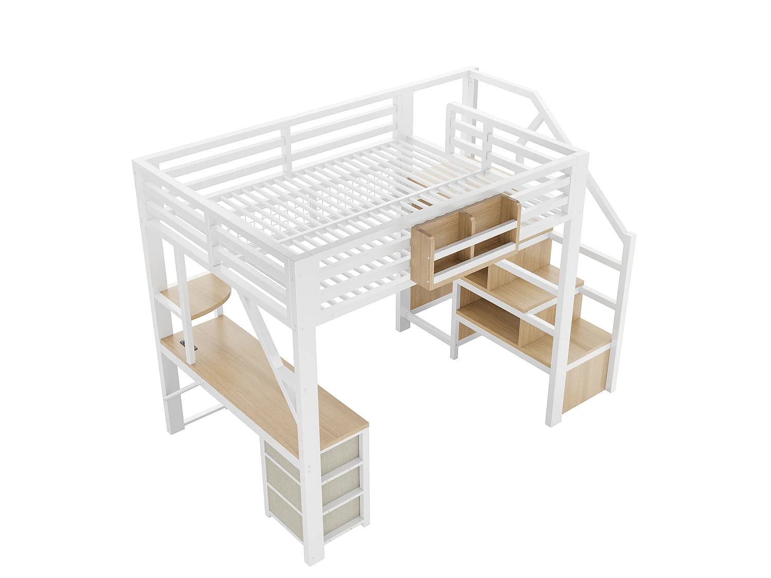 Lit mezzanine en métal 140x200 cm - avec bureau et armoire - 3 tiroirs et rangements - avec LED - Blanc (sans matelas )