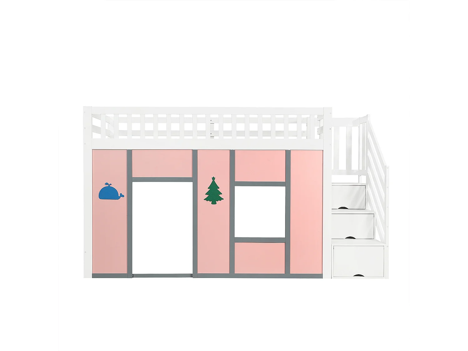Lit mezzanine enfant 90x200 cm - avec éclairage LED et espace de jeux - escalier avec rangement - Bois massif + MDF - Blanc + Rose (sans matelas)