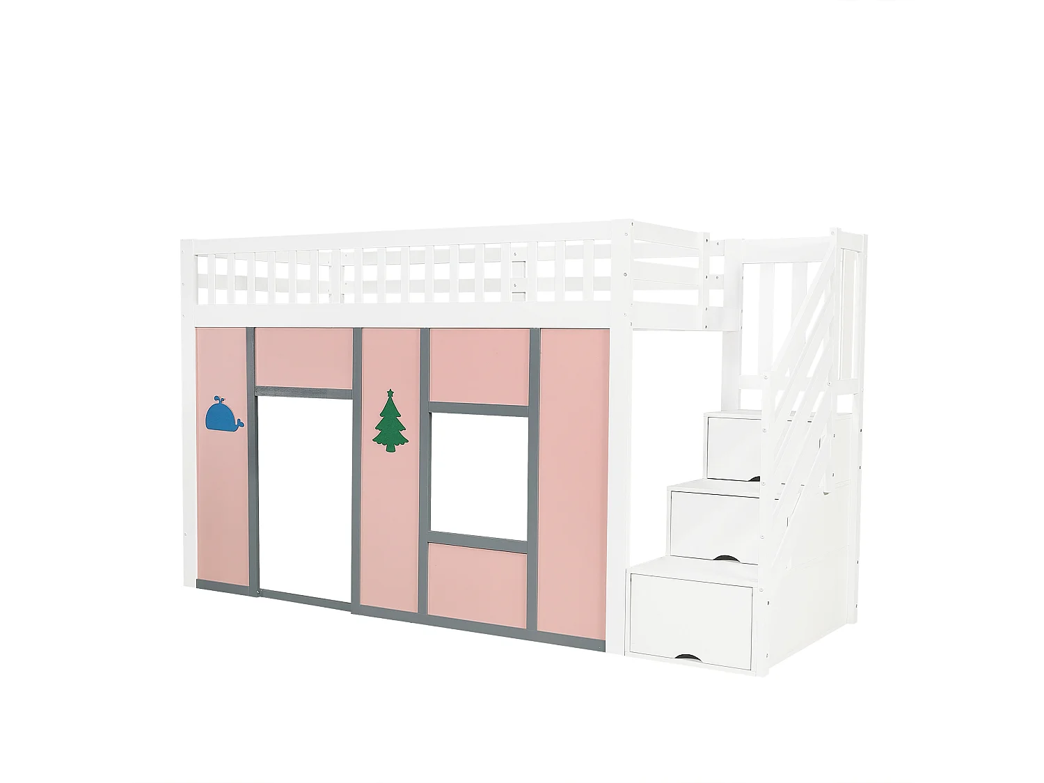 Lit mezzanine enfant 90x200 cm - avec éclairage LED et espace de jeux - escalier avec rangement - Bois massif + MDF - Blanc + Rose (sans matelas)