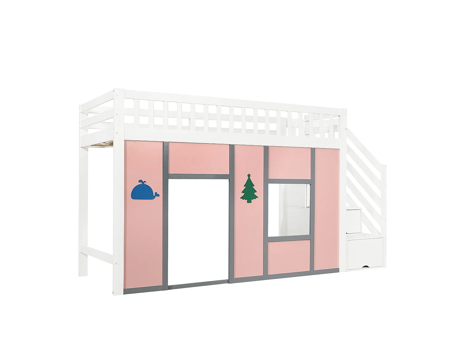 Lit mezzanine enfant 90x200 cm - avec éclairage LED et espace de jeux - escalier avec rangement - Bois massif + MDF - Blanc + Rose (sans matelas)