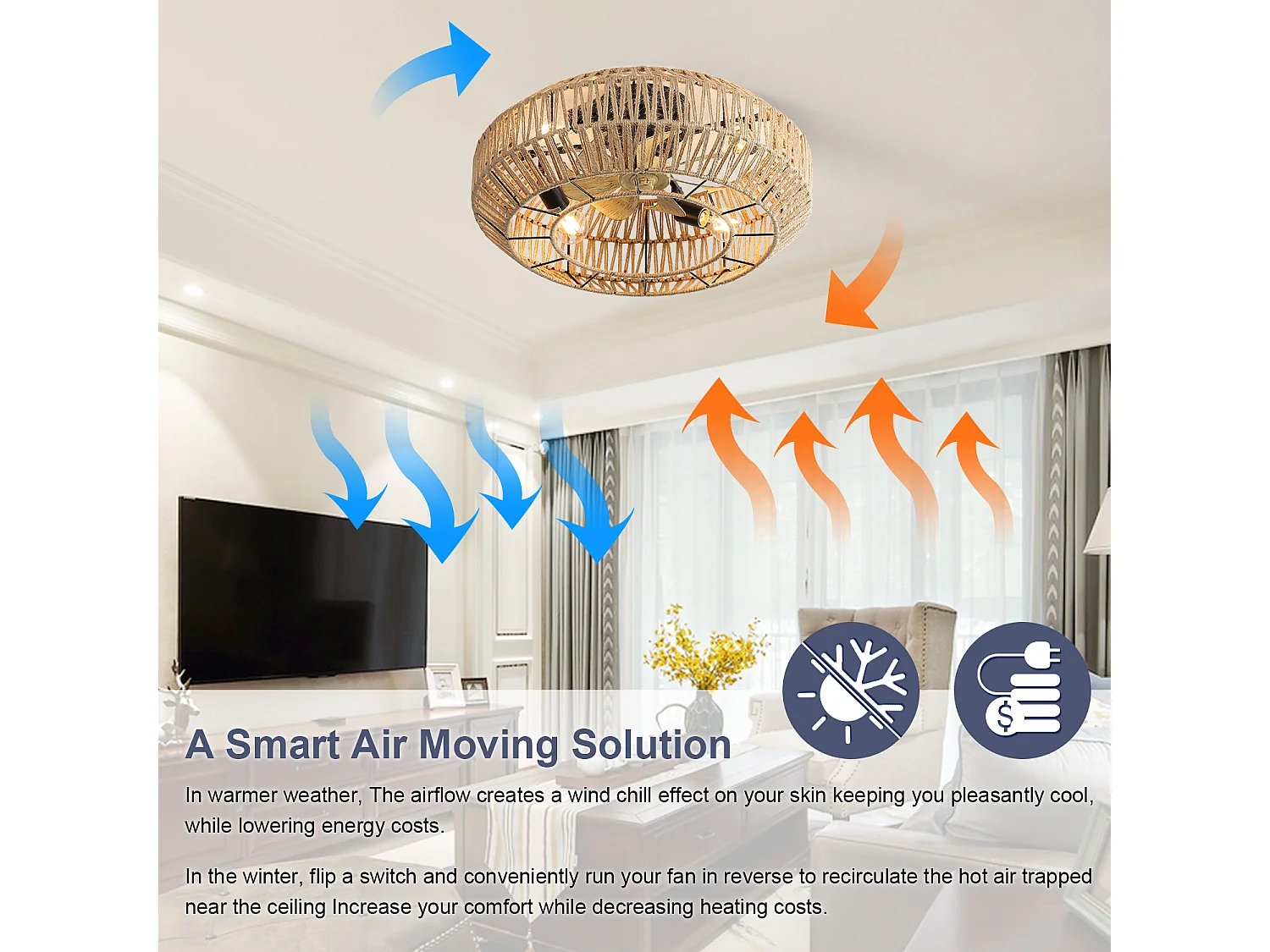 Ventilateur de Plafond Style Boho 56cm, 22" - Design Cage Rotin & Métal, Moteur DC Ultra-Silencieux, Télécommande, Réversible, 6 Vitesses - Noir Mat