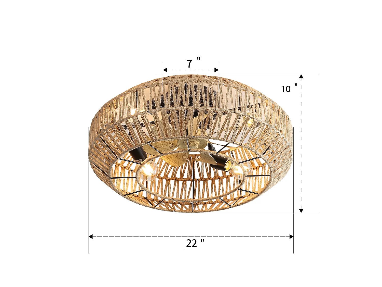 Ventilateur de Plafond Style Boho 56cm, 22" - Design Cage Rotin & Métal, Moteur DC Ultra-Silencieux, Télécommande, Réversible, 6 Vitesses - Noir Mat