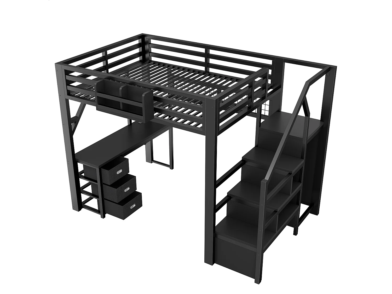 Lit mezzanine en métal 140x200 cm - avec bureau et armoire - 3 tiroirs et rangements - avec LED - Noir (sans matelas )