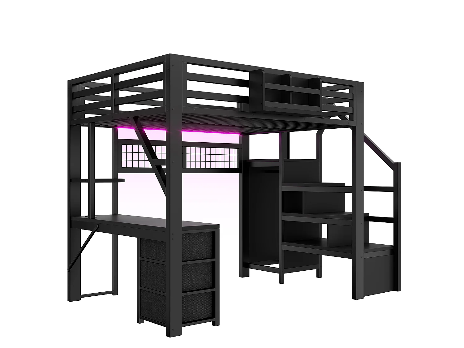 Lit mezzanine en métal 140x200 cm - avec bureau et armoire - 3 tiroirs et rangements - avec LED - Noir (sans matelas )