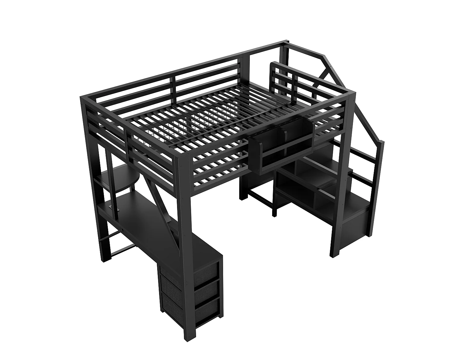 Lit mezzanine en métal 140x200 cm - avec bureau et armoire - 3 tiroirs et rangements - avec LED - Noir (sans matelas )