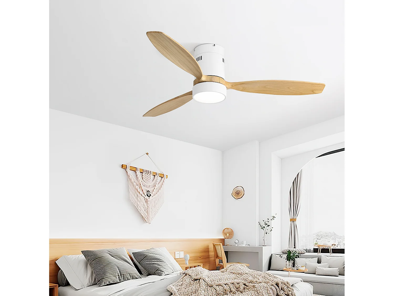 Ventilatore da Soffitto Piatto 132cm, 52" - 3 Pale in Legno Massello, Motore DC Ultra-Silenzioso, Illuminazione LED Dimmerabile, Telecomando, Reversibile - Legno