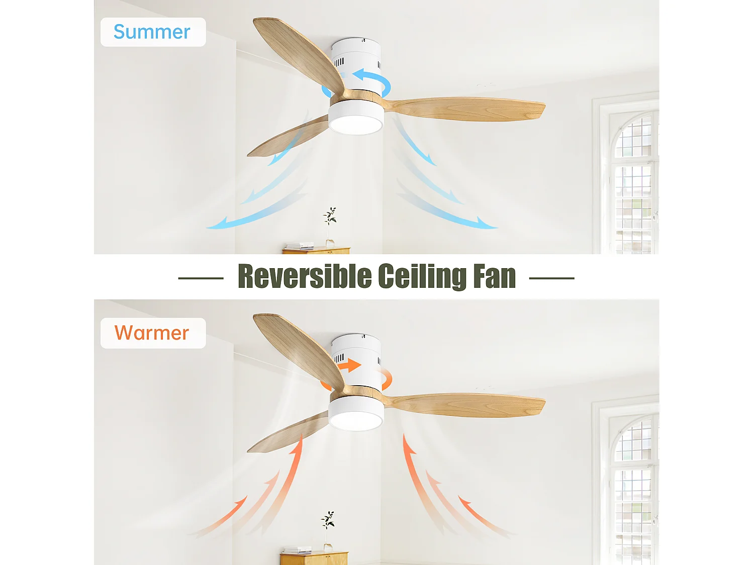 Ventilatore da Soffitto Piatto 132cm, 52" - 3 Pale in Legno Massello, Motore DC Ultra-Silenzioso, Illuminazione LED Dimmerabile, Telecomando, Reversibile - Legno