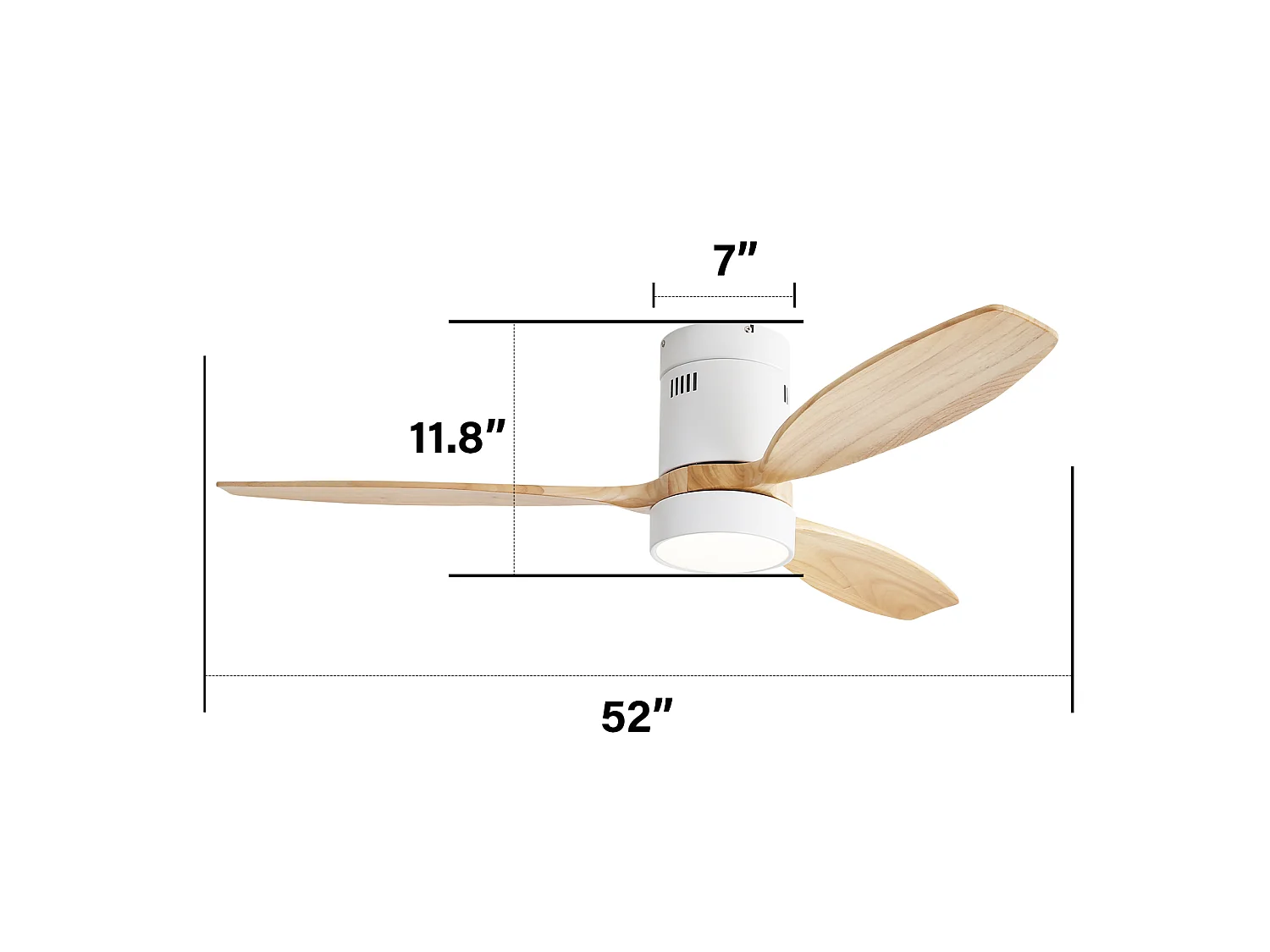 Ventilatore da Soffitto Piatto 132cm, 52" - 3 Pale in Legno Massello, Motore DC Ultra-Silenzioso, Illuminazione LED Dimmerabile, Telecomando, Reversibile - Legno
