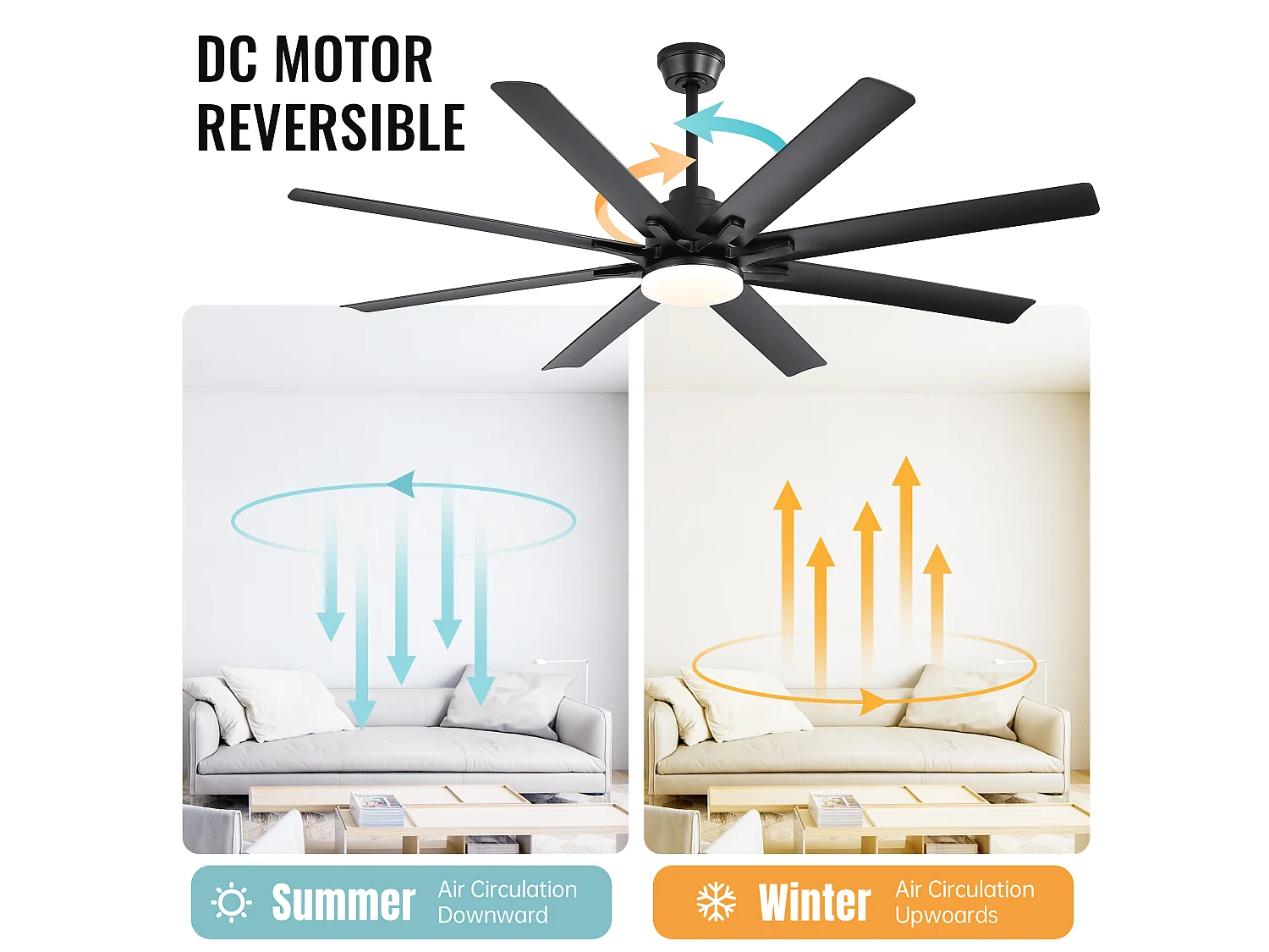 Ventilatore da Soffitto Smart 168cm, 66" - 8 Pale in ABS Polimero, Motore DC Ultra-Silenzioso, Illuminazione LED, Telecomando, Applicazione dedicata - Nero Opaco