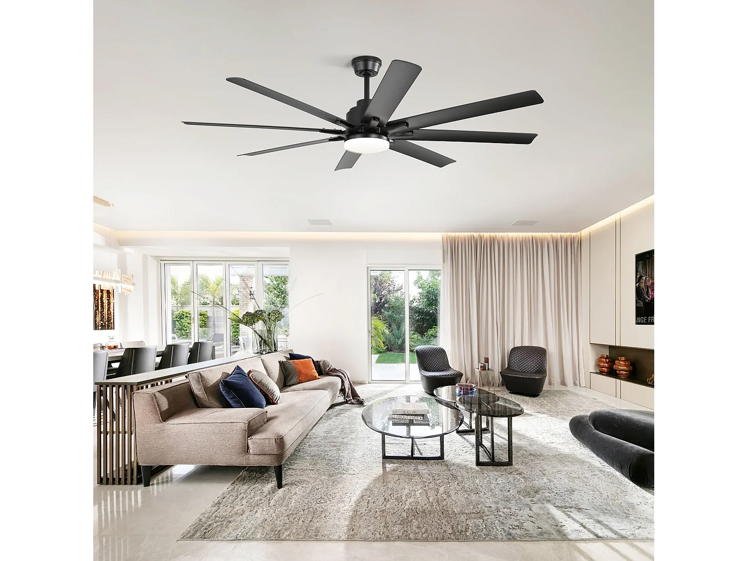 Ventilatore da Soffitto Smart 168cm, 66" - 8 Pale in ABS Polimero, Motore DC Ultra-Silenzioso, Illuminazione LED, Telecomando, Applicazione dedicata - Nero Opaco