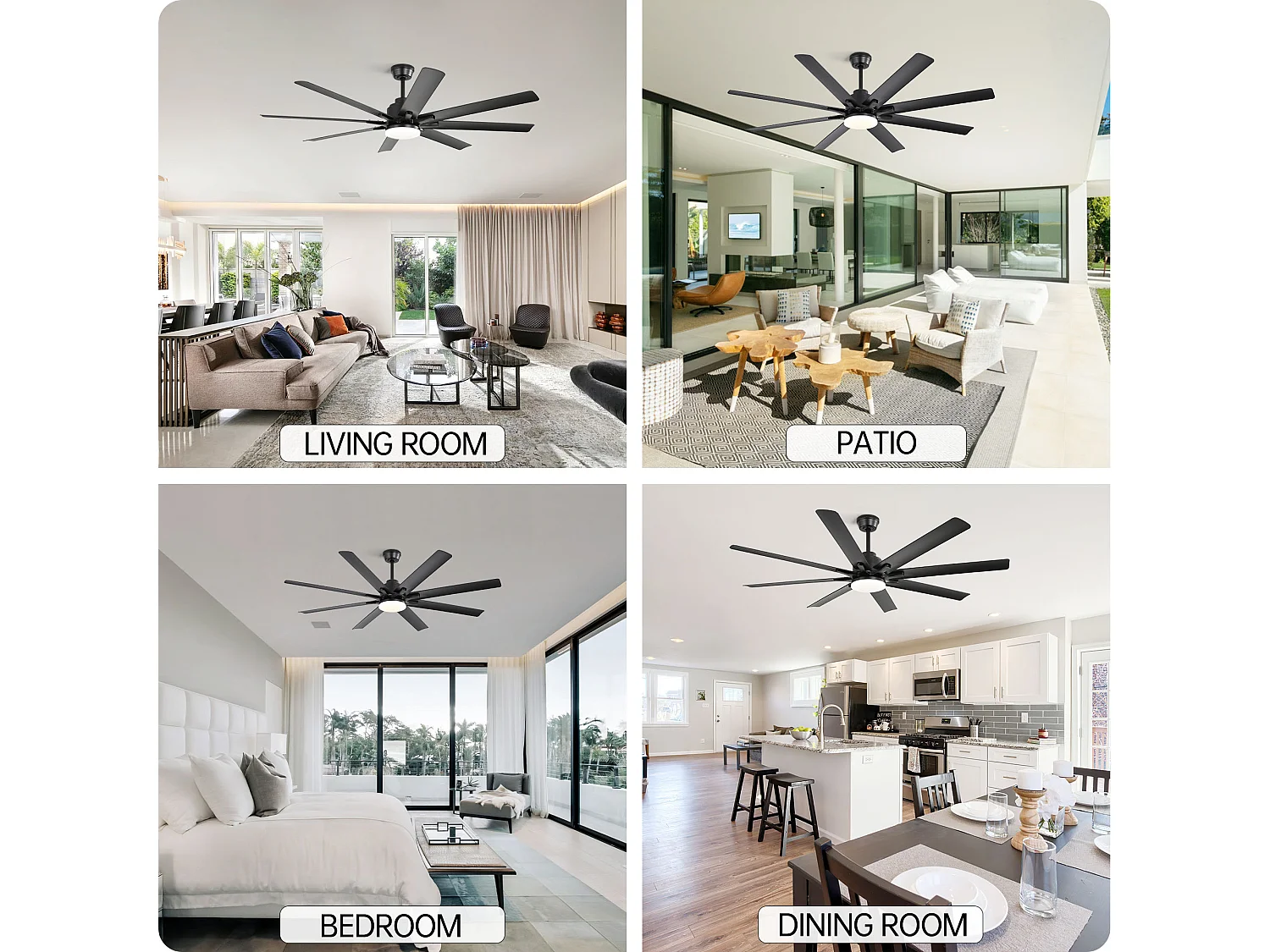 Ventilatore da Soffitto Smart 168cm, 66" - 8 Pale in ABS Polimero, Motore DC Ultra-Silenzioso, Illuminazione LED, Telecomando, Applicazione dedicata - Nero Opaco