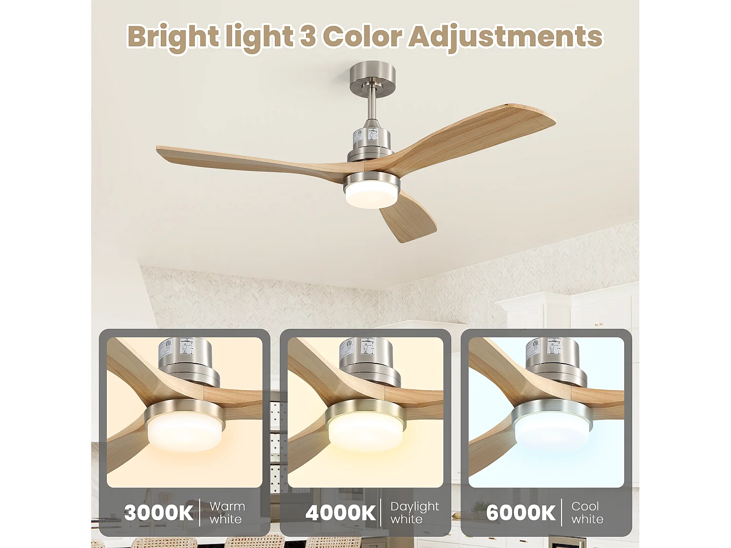 Ventilatore da Soffitto 132cm, 52" - 3 Pale in Legno Massello, Motore DC Ultra-Silenzioso, Illuminazione LED Dimmerabile, Telecomando, Reversibile - Nickel Sabbiato