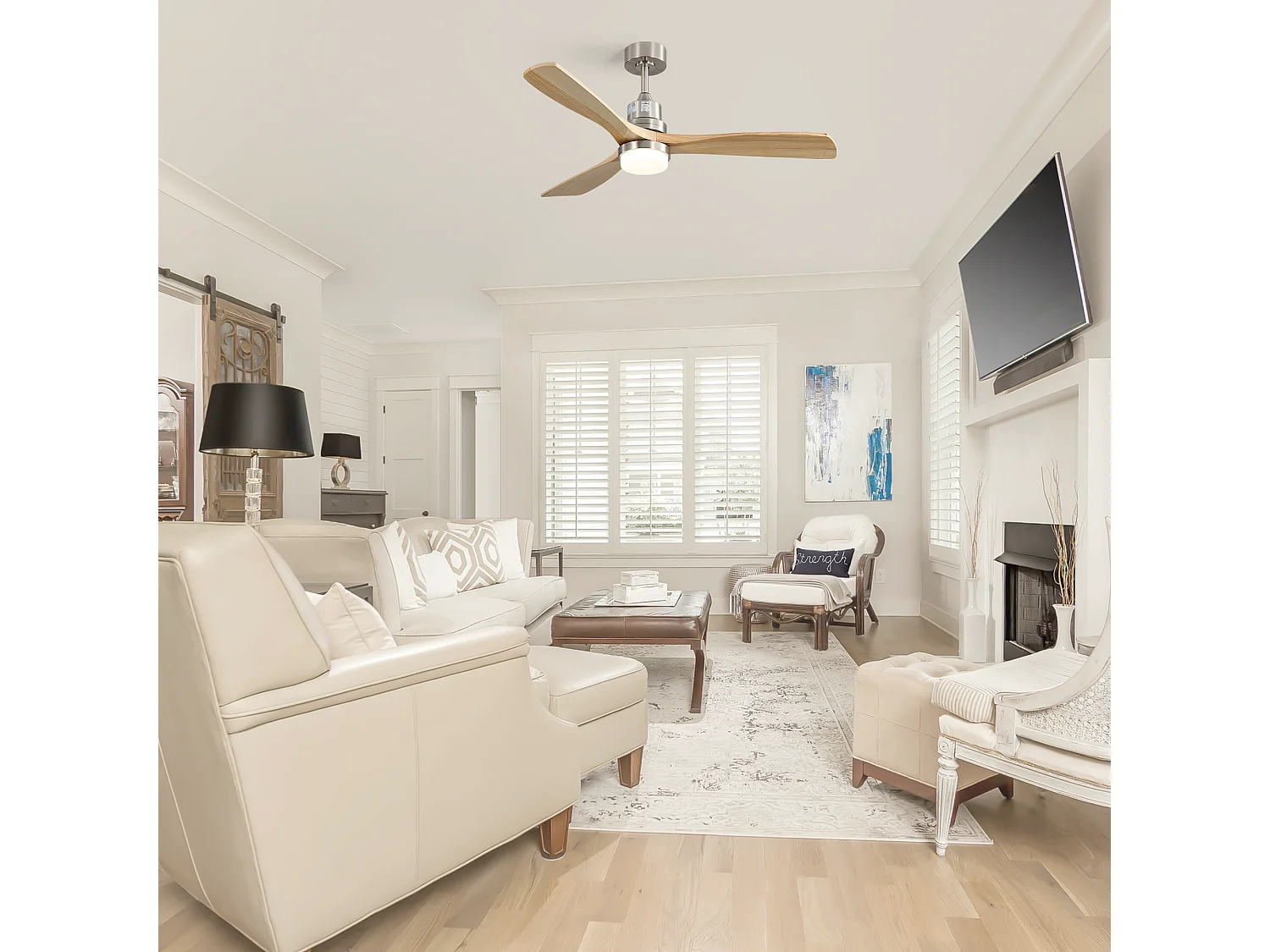 Ventilatore da Soffitto 132cm, 52" - 3 Pale in Legno Massello, Motore DC Ultra-Silenzioso, Illuminazione LED Dimmerabile, Telecomando, Reversibile - Nickel Sabbiato