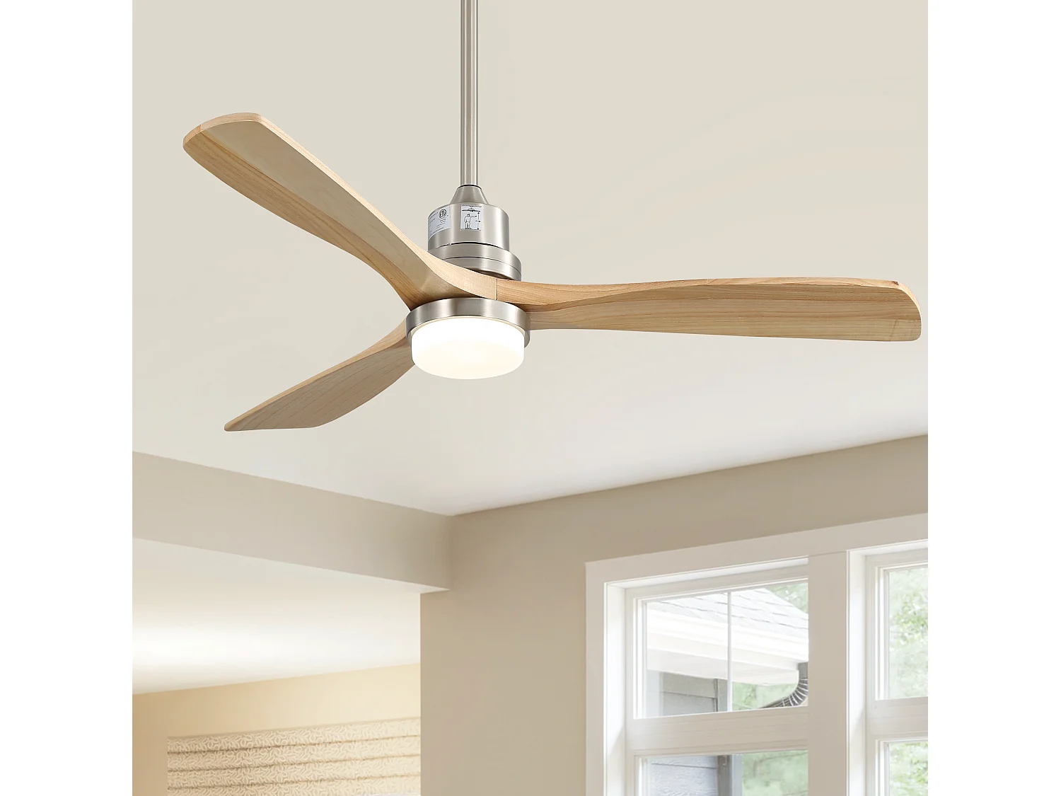 Ventilatore da Soffitto 132cm, 52" - 3 Pale in Legno Massello, Motore DC Ultra-Silenzioso, Illuminazione LED Dimmerabile, Telecomando, Reversibile - Nickel Sabbiato