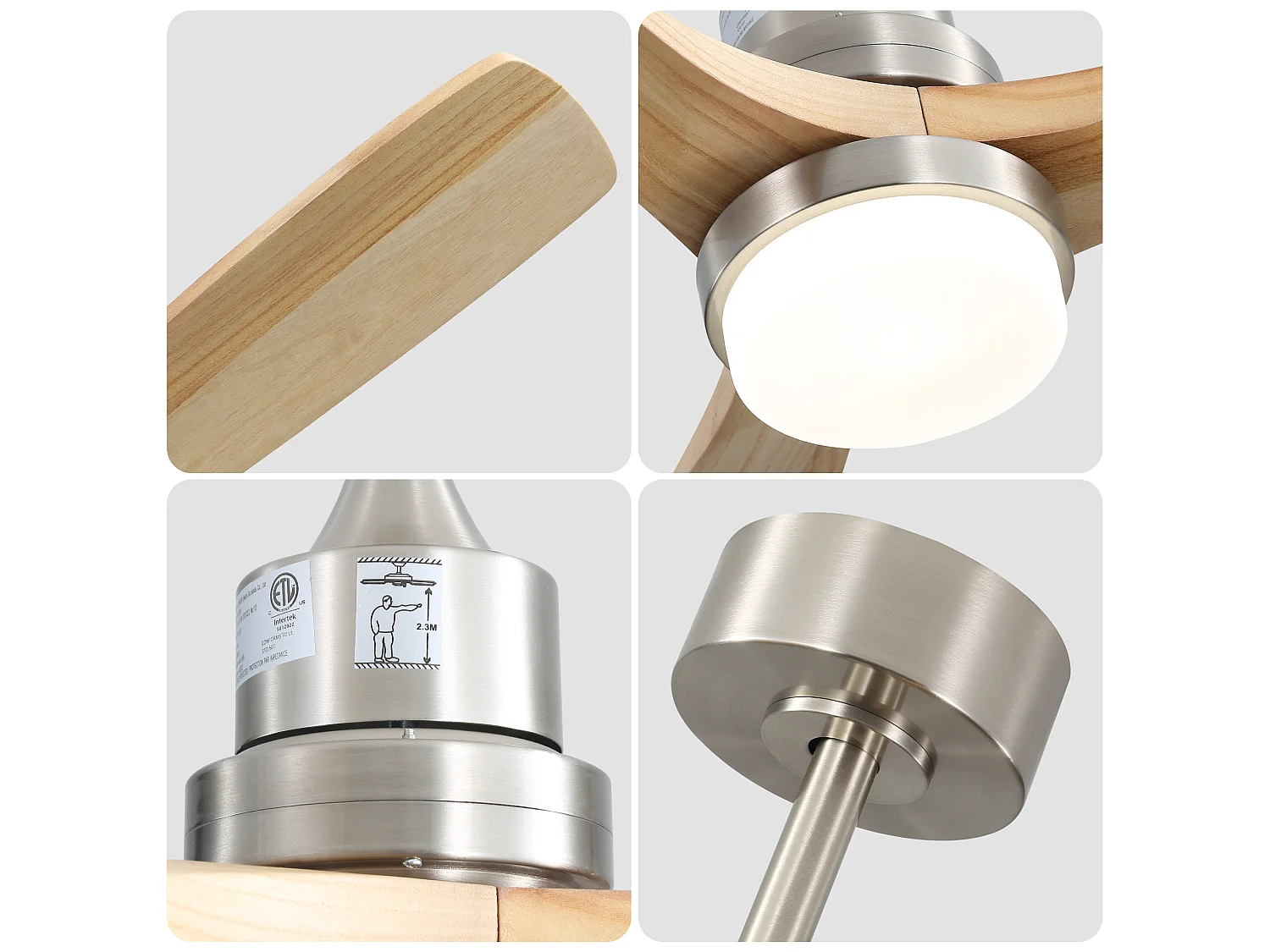 Ventilatore da Soffitto 132cm, 52" - 3 Pale in Legno Massello, Motore DC Ultra-Silenzioso, Illuminazione LED Dimmerabile, Telecomando, Reversibile - Nickel Sabbiato