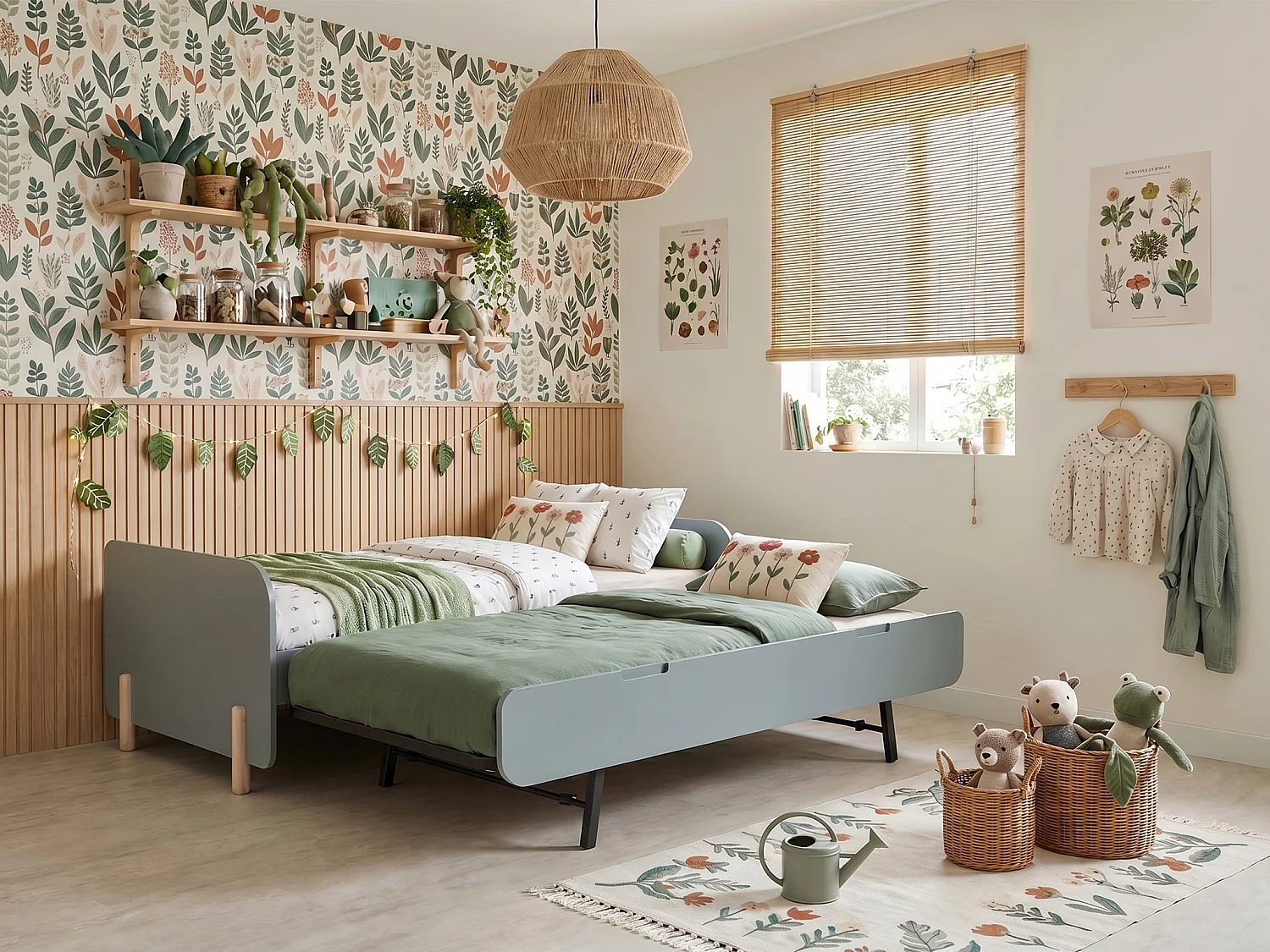 Lit gigogne 2 x 90 x 190 cm - MDF et pin - Vert sauge et naturel clair + Matelas - TALUDO