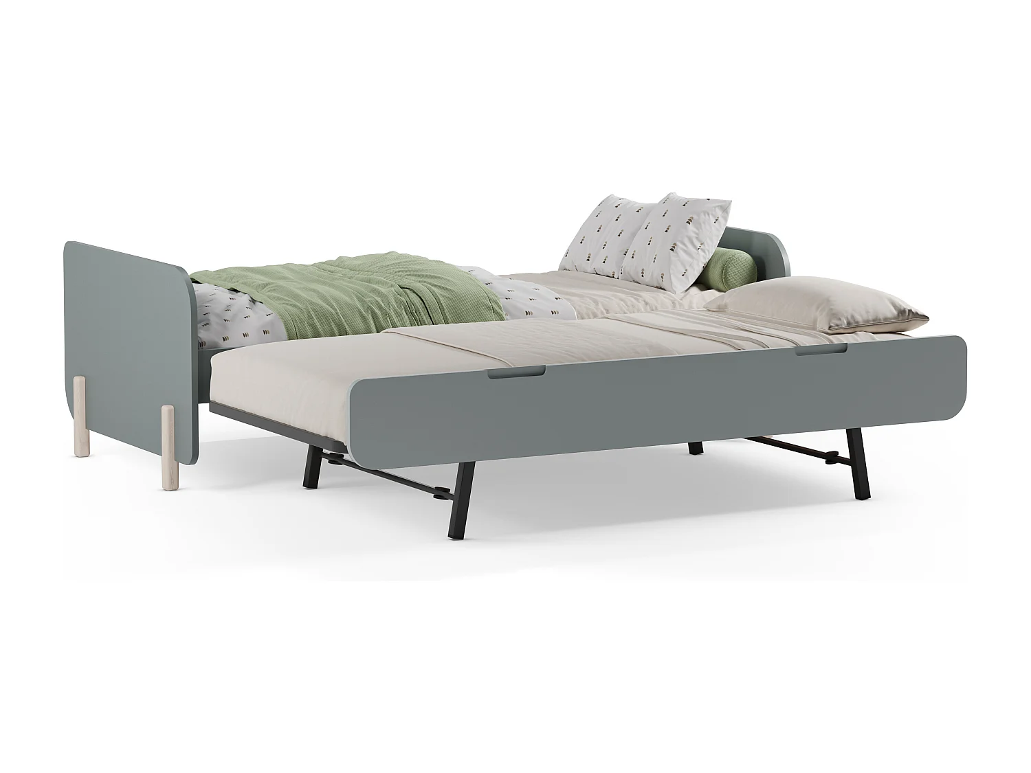 Lit gigogne 2 x 90 x 190 cm - MDF et pin - Vert sauge et naturel clair + Matelas - TALUDO