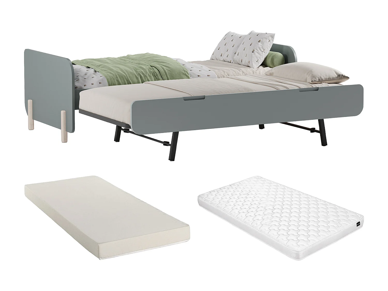 Lit gigogne 2 x 90 x 190 cm - MDF et pin - Vert sauge et naturel clair + Matelas - TALUDO