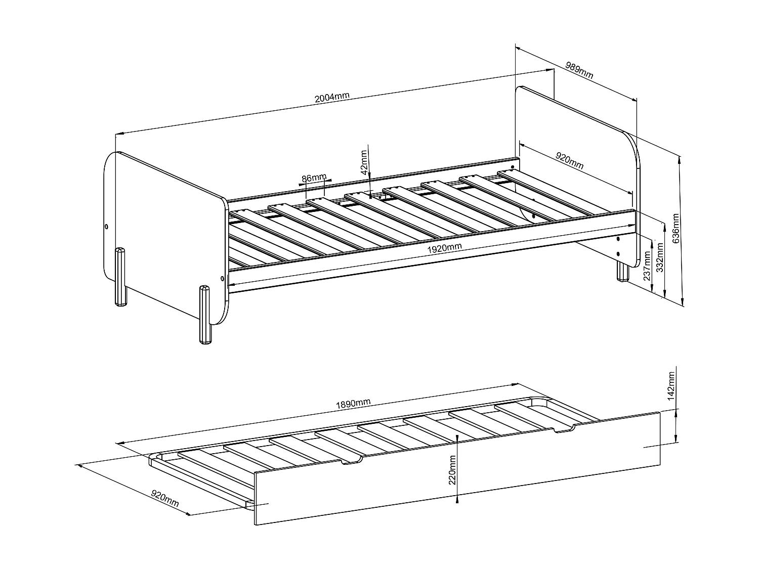 Lit gigogne 2 x 90 x 190 cm - MDF et pin - Vert sauge et naturel clair + Matelas - TALUDO
