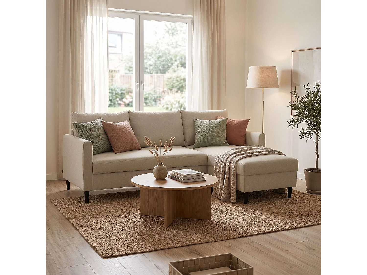 Sofá de canto Capri bege com chaise longue reversível, 3 lugares