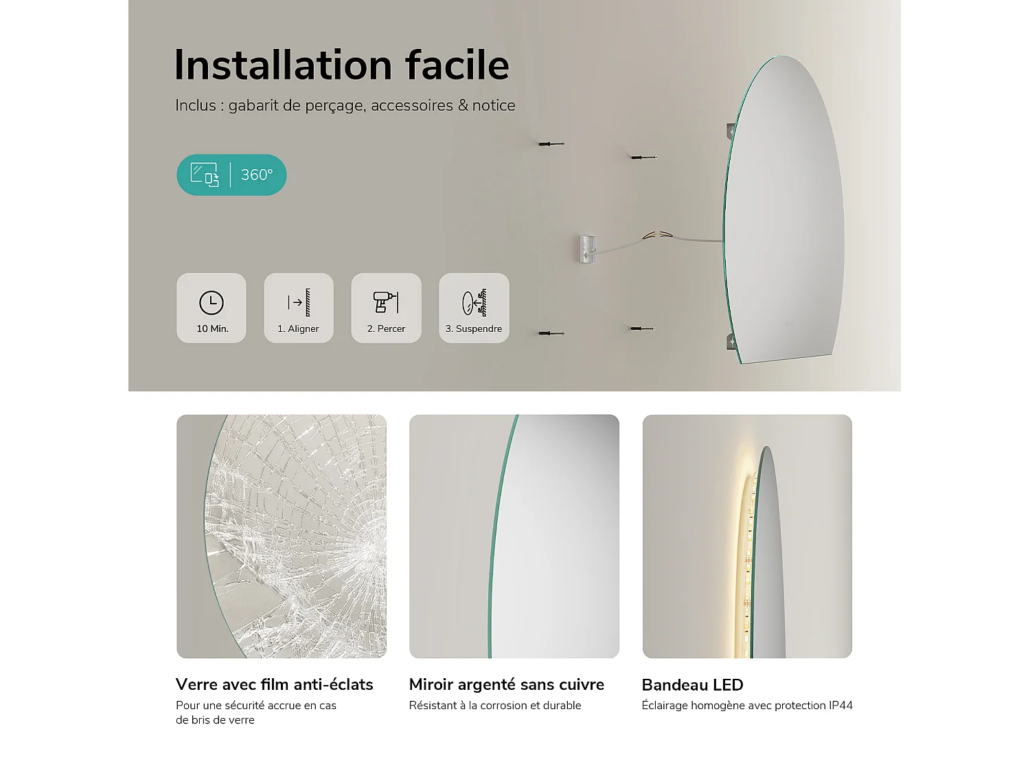 EMKE Miroir de Salle de Bain LED Asymétrique 73x90 cm, Anti-buée, Interrupteur Tactile, Couleur et Luminosité Réglables, Mémoire