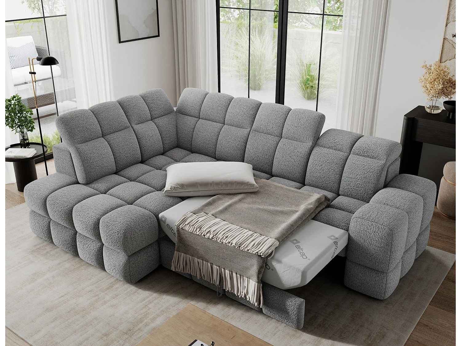 Ecksofa Bronon mit Schlaffunktion und Bettkasten – Modernes Design, verstellbare Kopfstützen und verschiebbare Rückenlehnen