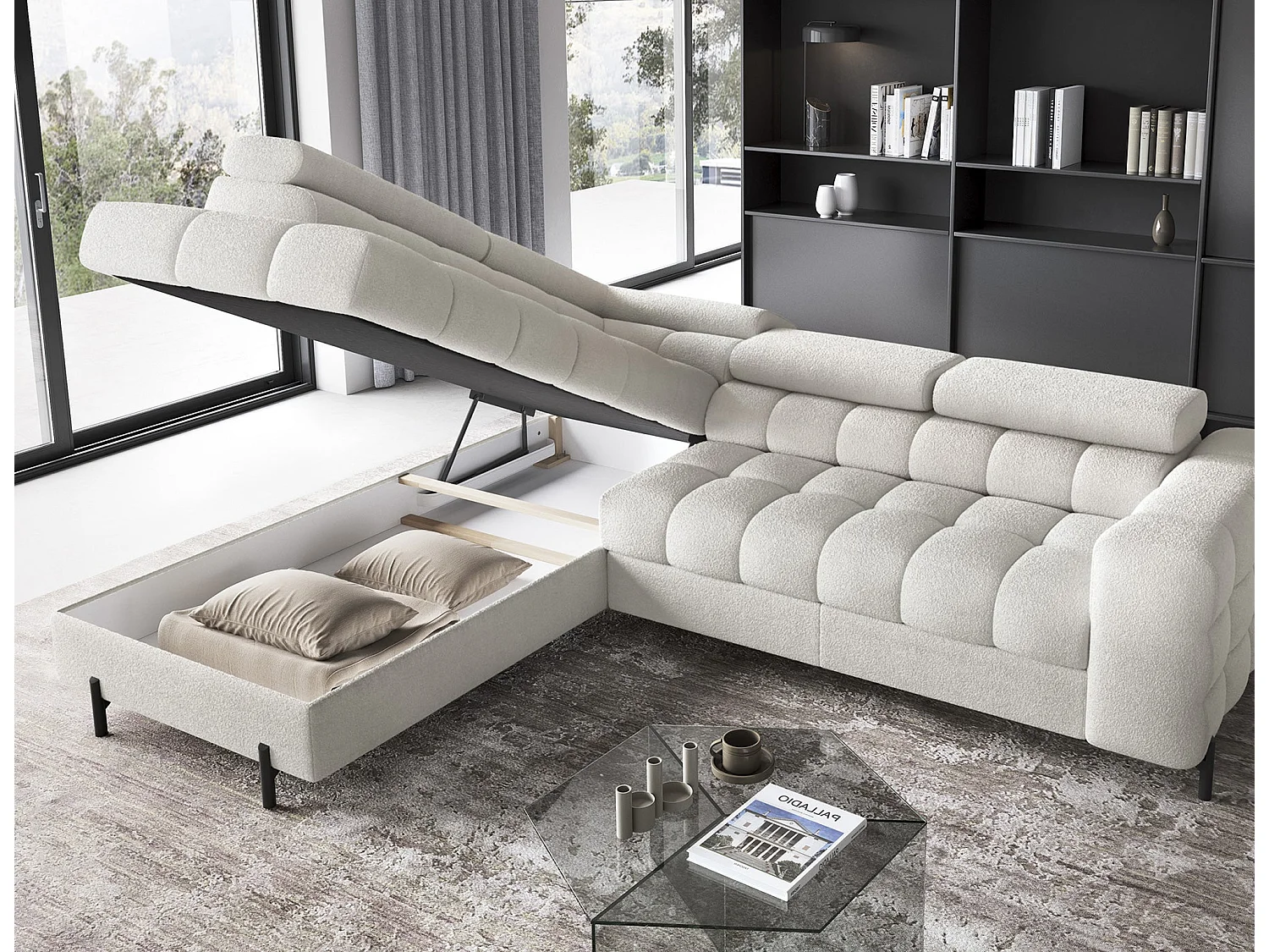 Wohnlandschaft FERUCCE Ecksofa L-Form – Polsterecke mit Schlaffunktion, Bettkasten & verstellbaren Kopfstützen 276 cm