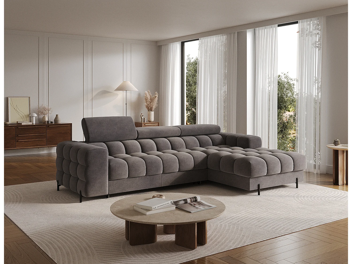Moderne L-vormige Premium Slaapbank FELRO met Verstelbare Hoofdsteunen & Opbergruimte - Grijze Stof, Stevig Frame