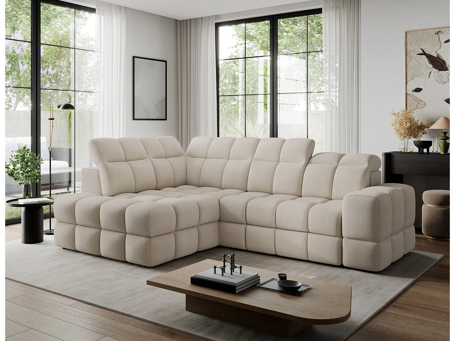 Ecksofa Bronon mit Schlaffunktion und Bettkasten – Modernes Design, verstellbare Kopfstützen und verschiebbare Rückenlehnen