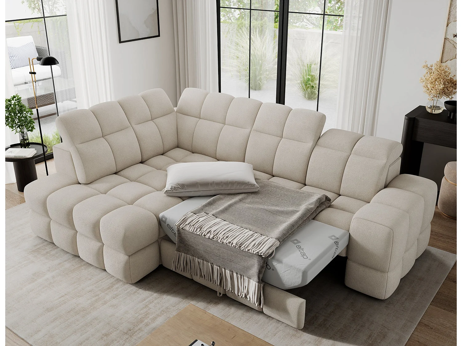 Ecksofa Bronon mit Schlaffunktion und Bettkasten – Modernes Design, verstellbare Kopfstützen und verschiebbare Rückenlehnen