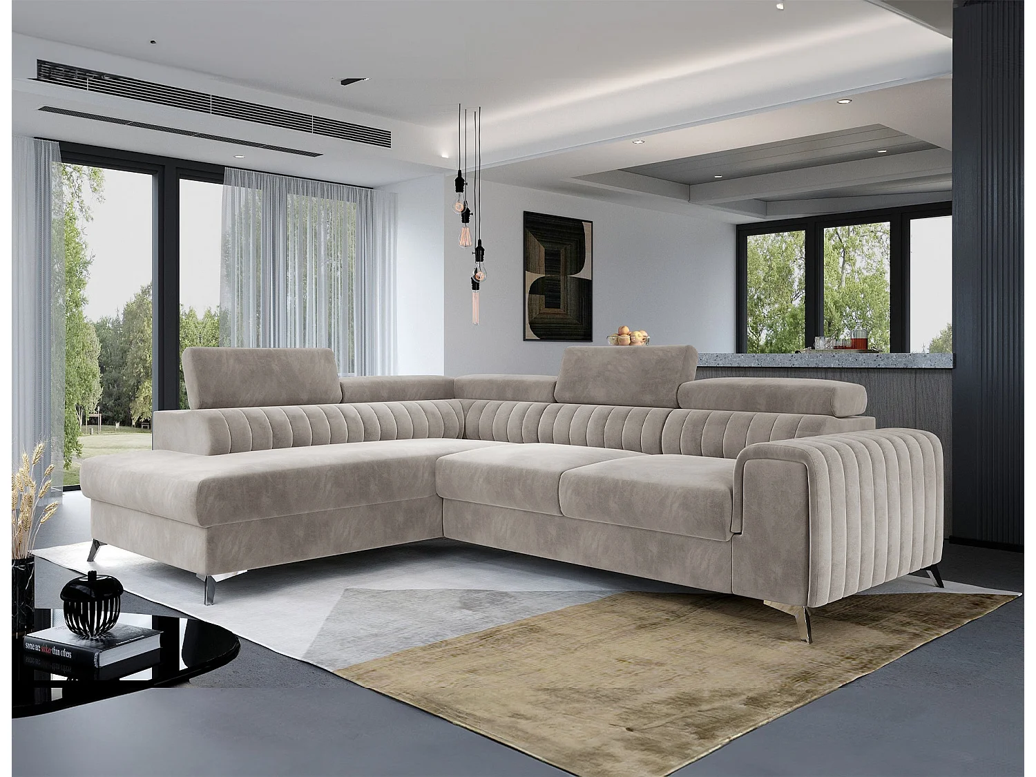 Moderno Divano Letto ad Angolo Laurence a Forma di L con Poggiatesta Regolabili e Contenitore - 278 x 205 cm