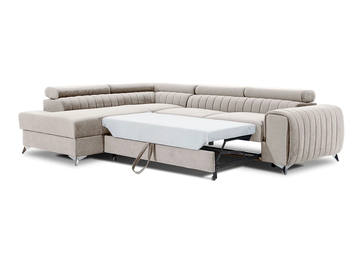 Moderno Divano Letto ad Angolo Laurence a Forma di L con Poggiatesta Regolabili e Contenitore - 278 x 205 cm